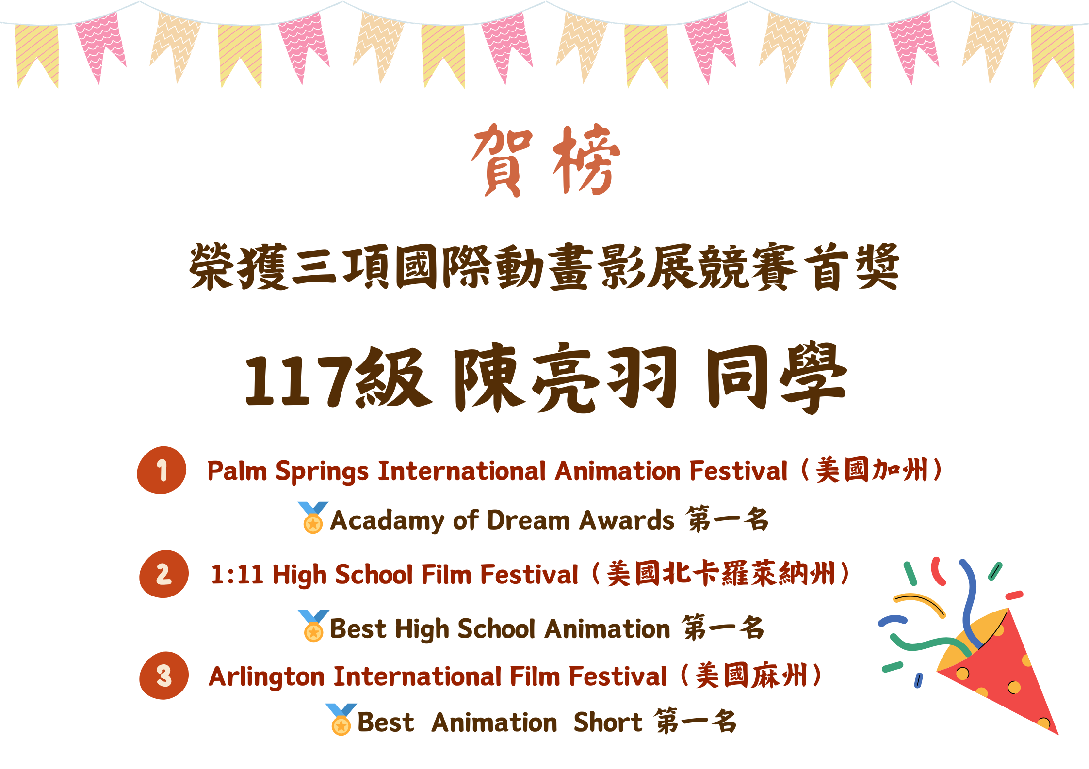 陳亮羽同學榮獲多項國際動畫競賽首獎